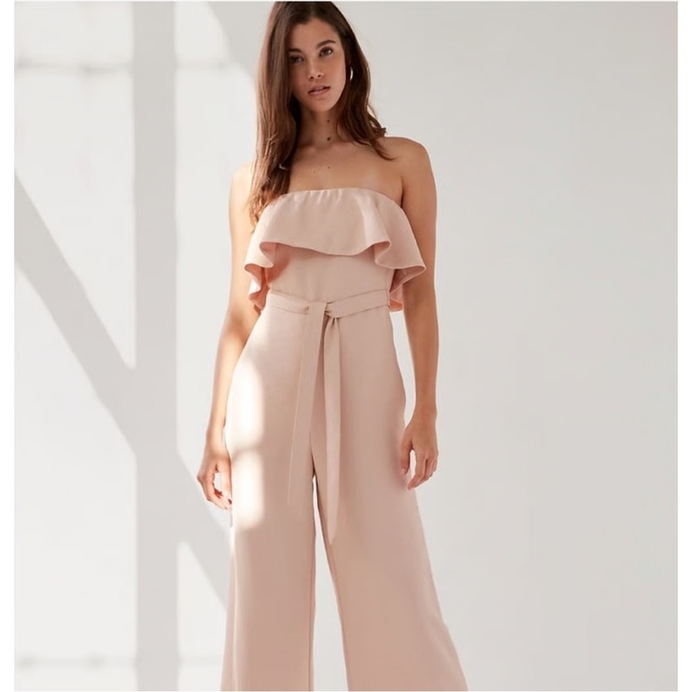 Aritzia Babaton Blush Pink Strapless Neck Ruffle Detail Flutter Jumpsuit